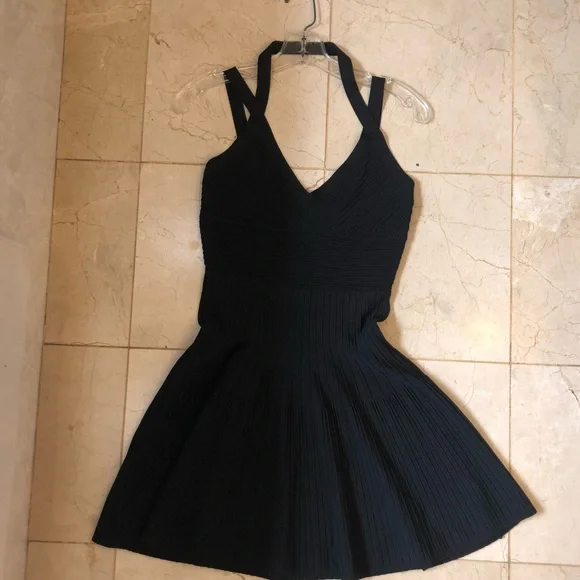 BCBGMaxAzria cocktail dress black ribbed mini full skirt, straps, Sz S, Elegant! - Picture 13 of 16